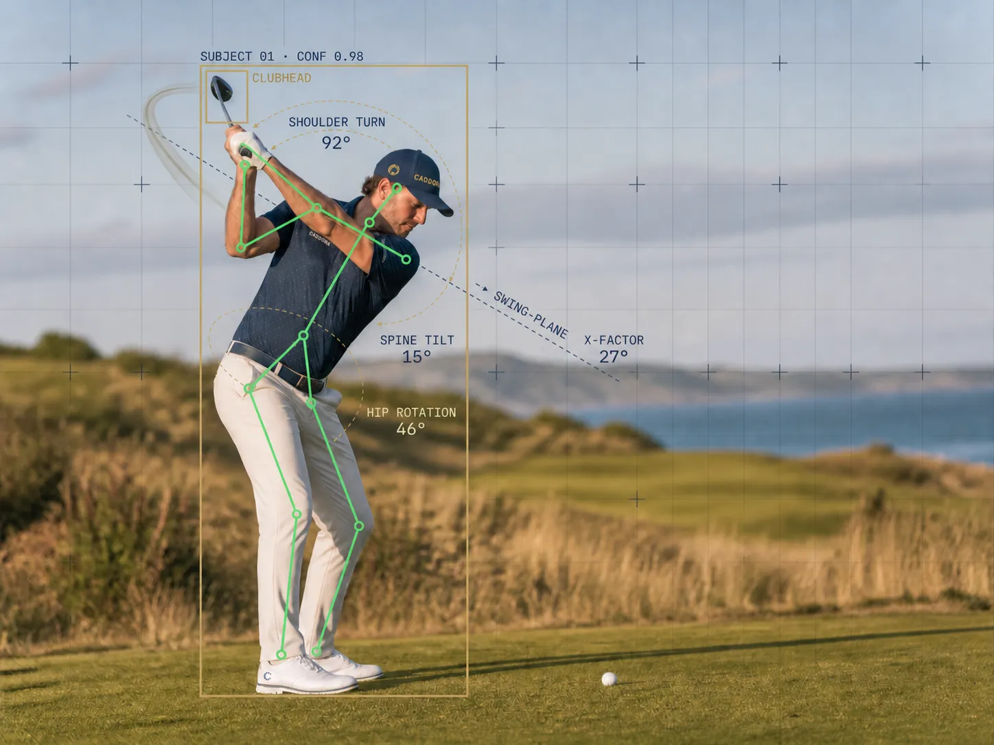Golf swing at the top of the backswing with a pose-capture skeleton overlaid, reading shoulder turn 92°, spine tilt 15°, hip rotation 46° and X-factor 27°