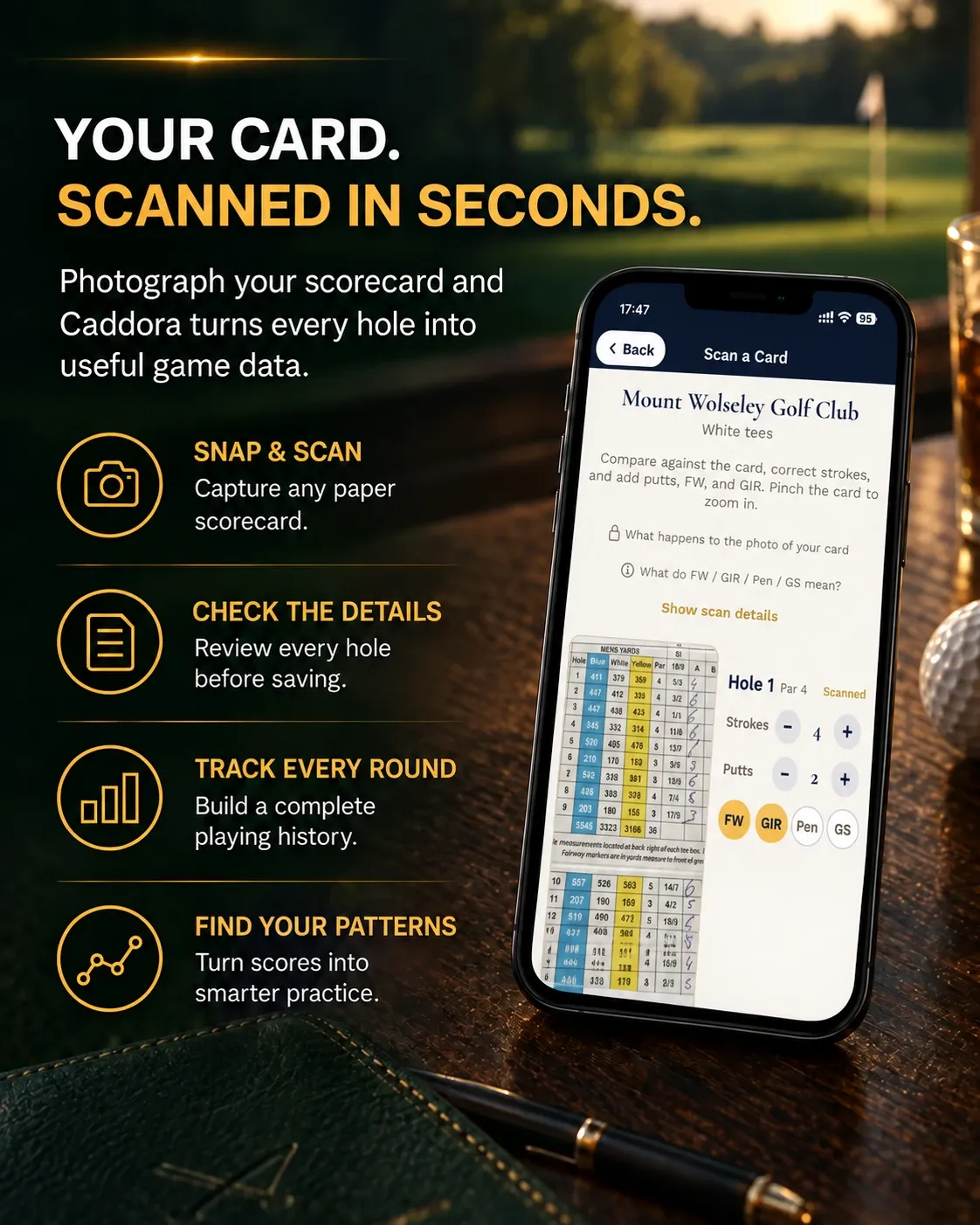Your card, scanned in seconds: a photographed scorecard read hole by hole, with strokes, putts and fairways to check before saving