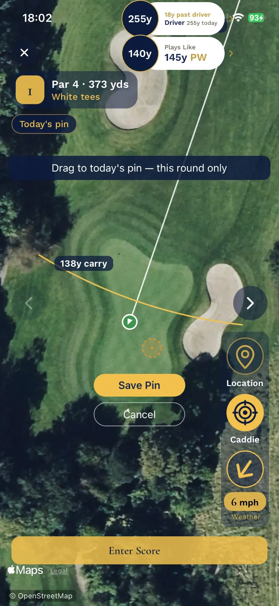 Dragging the pin marker on the hole map, with Save Pin and Cancel, under the prompt “Drag to today's pin — this round only”
