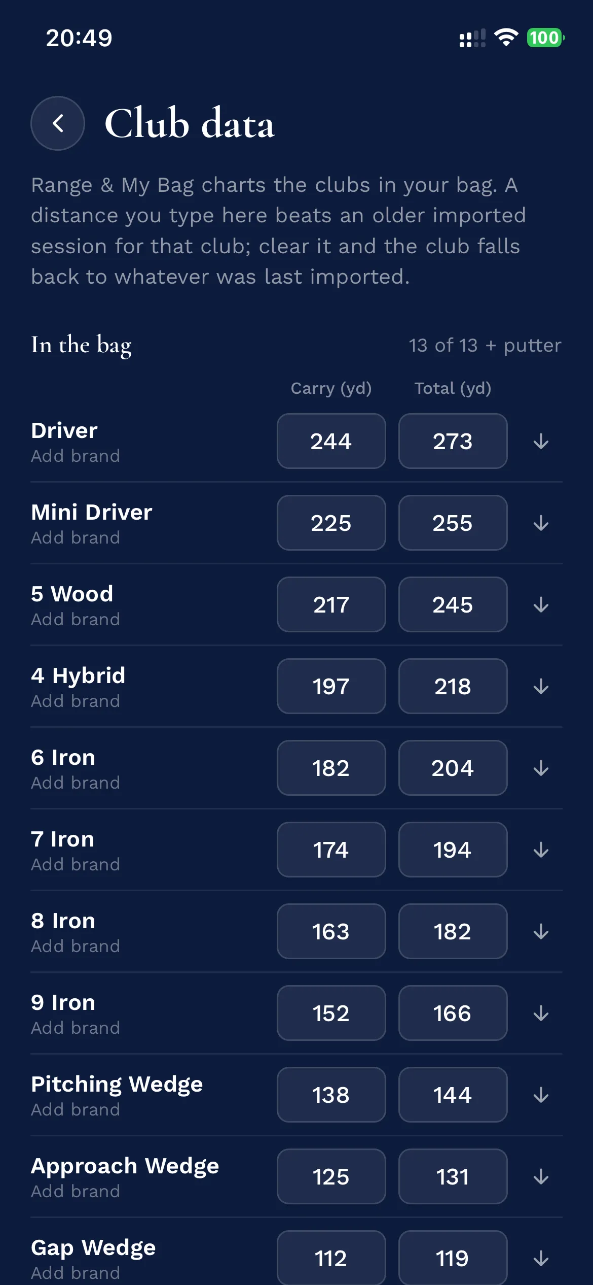 Club data screen with carry and total distances
