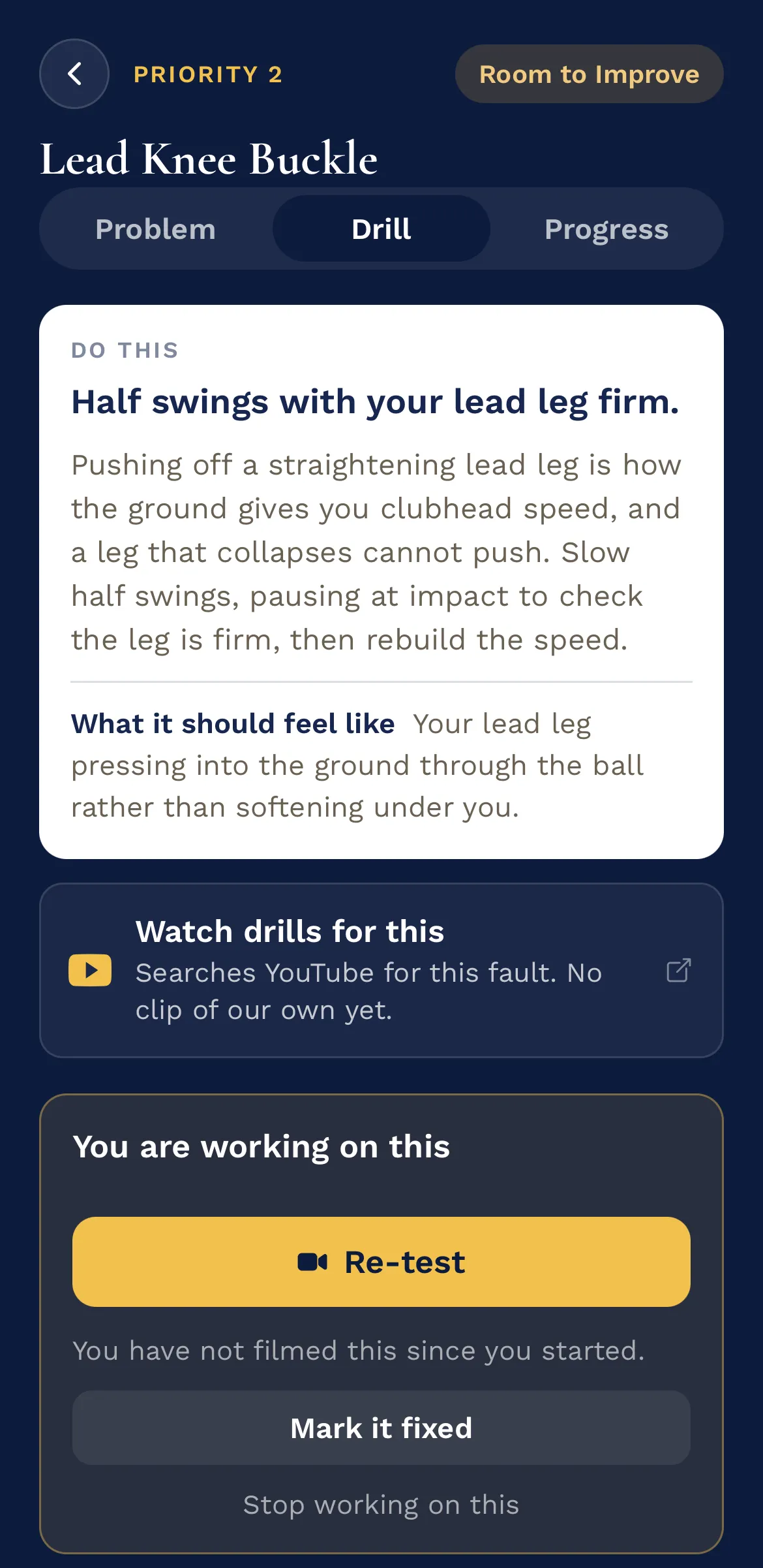 The drill for Lead Knee Buckle — half swings with the lead leg firm, what it should feel like, and a Re-test button to film it again