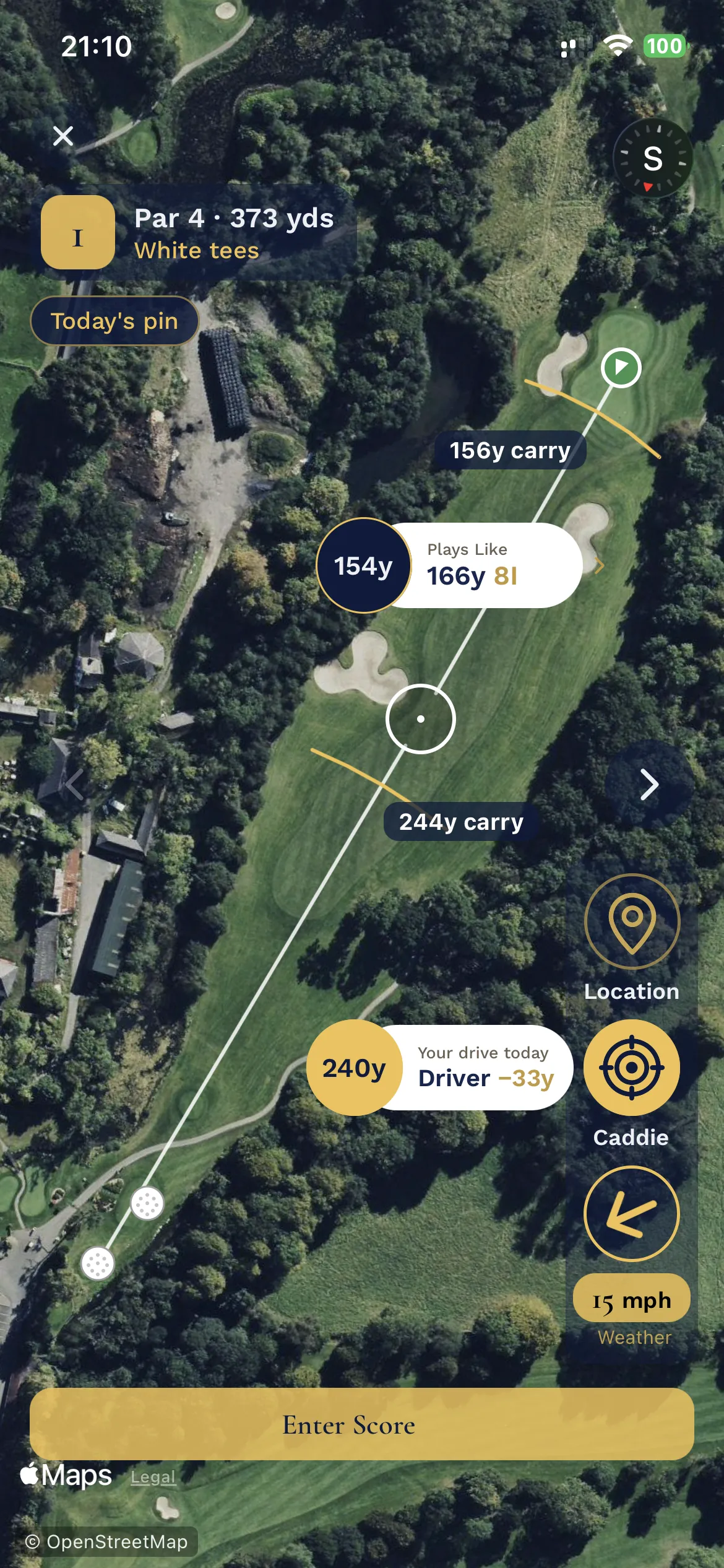 Satellite hole view with carry arcs, distances and today's drive