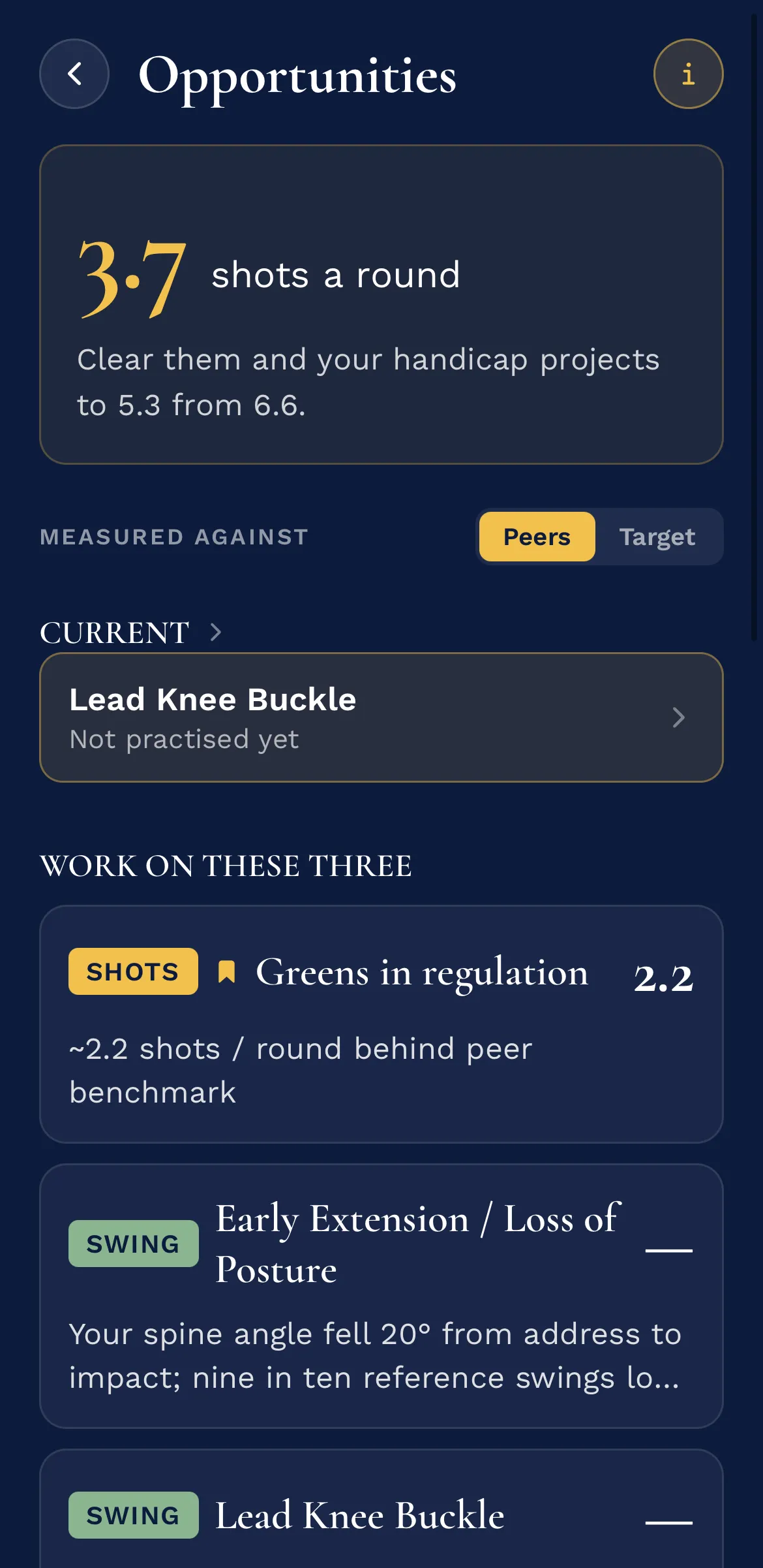 The Opportunities screen: 3.7 shots a round on the table, the fault currently being worked on, and the three to work on ranked by what each is worth