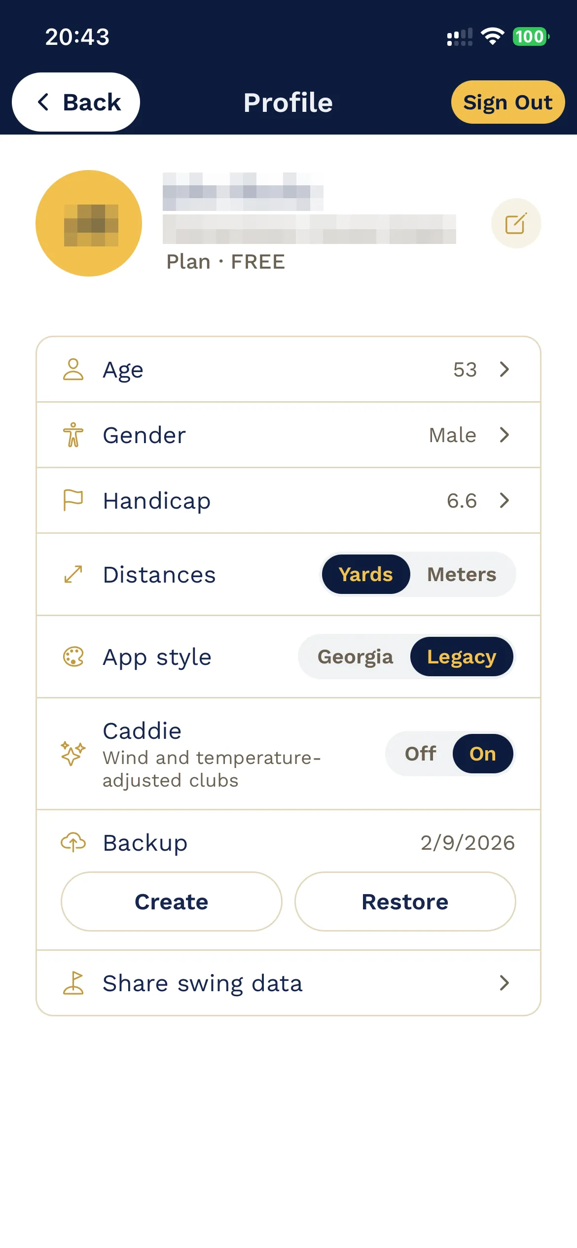 Profile screen showing age, gender and handicap