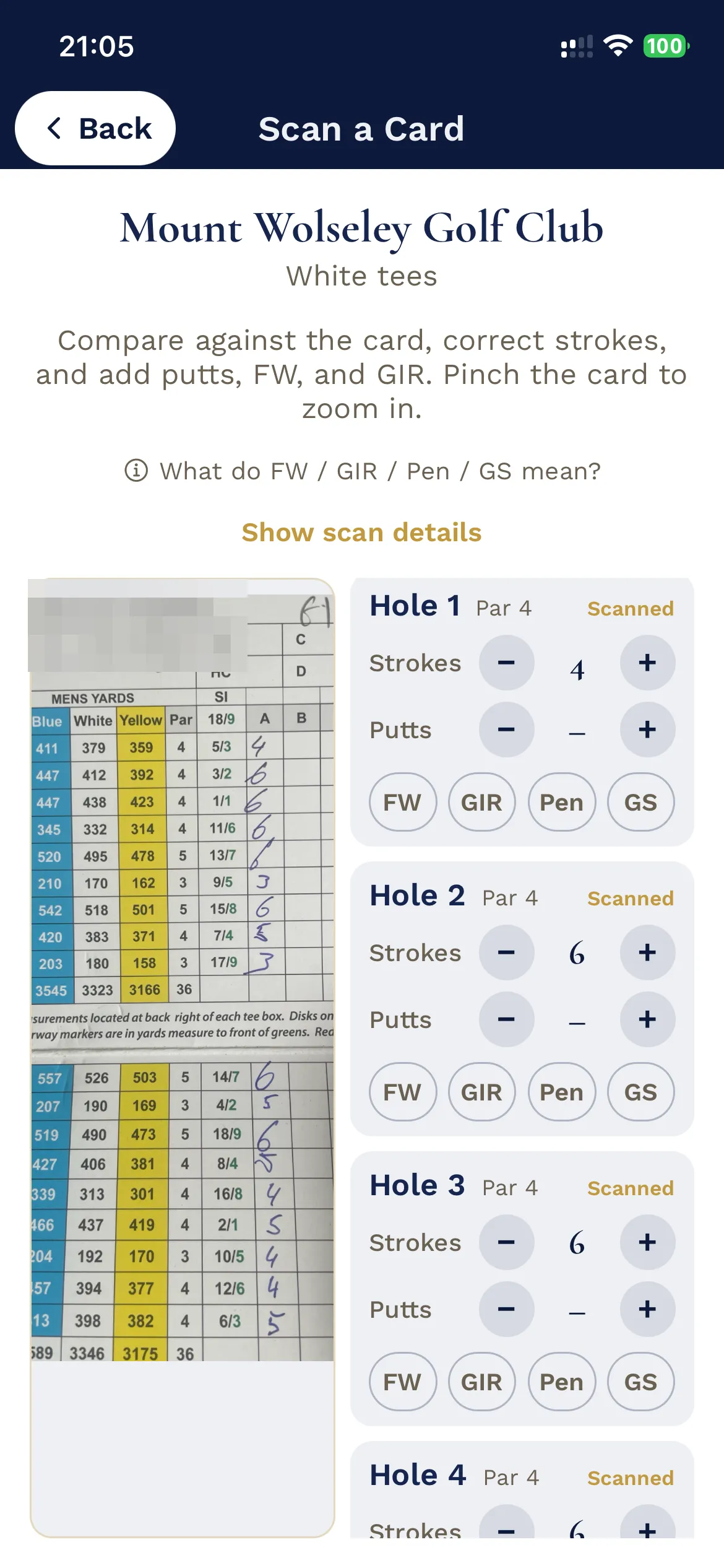 Scanned scorecard beside the strokes read from it, hole by hole