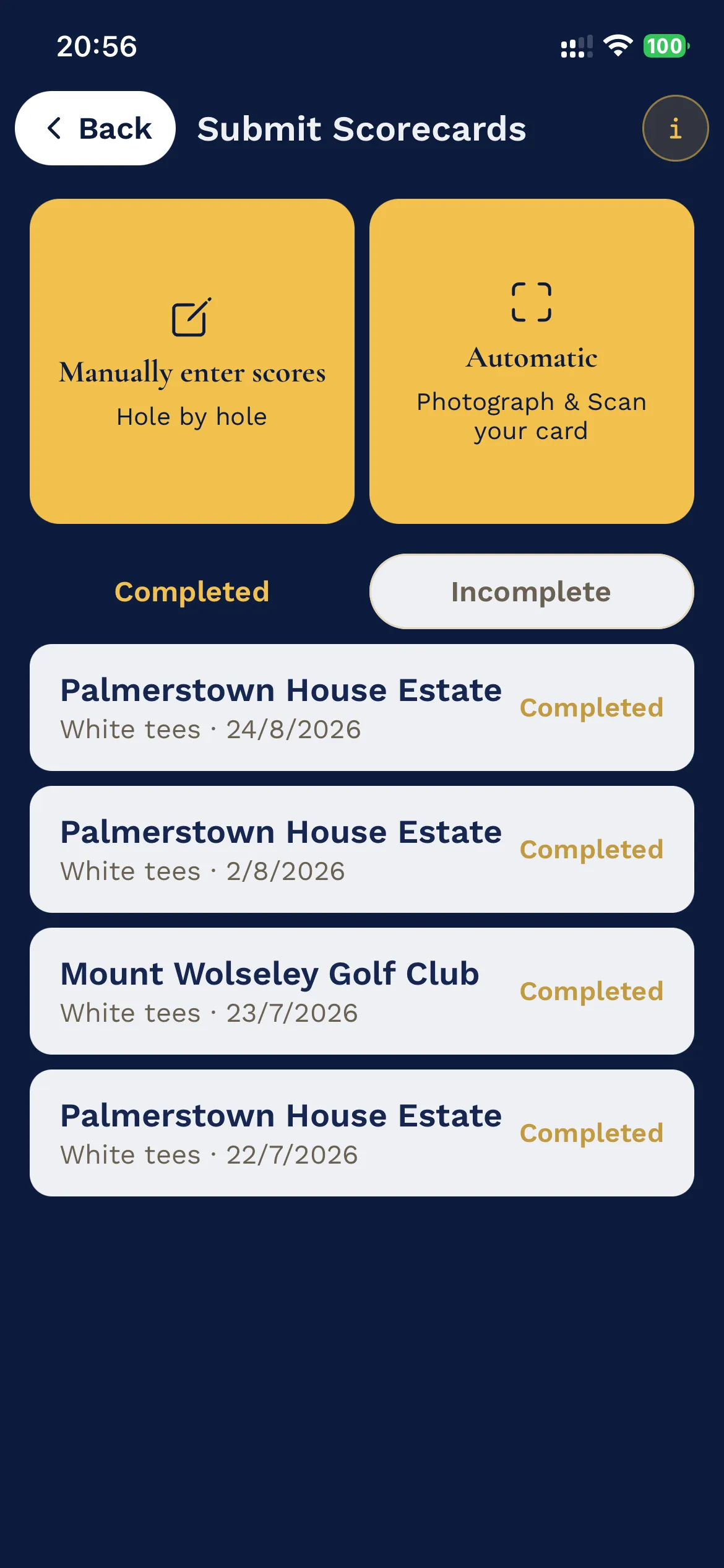 Submit Scorecards screen with manual and automatic options