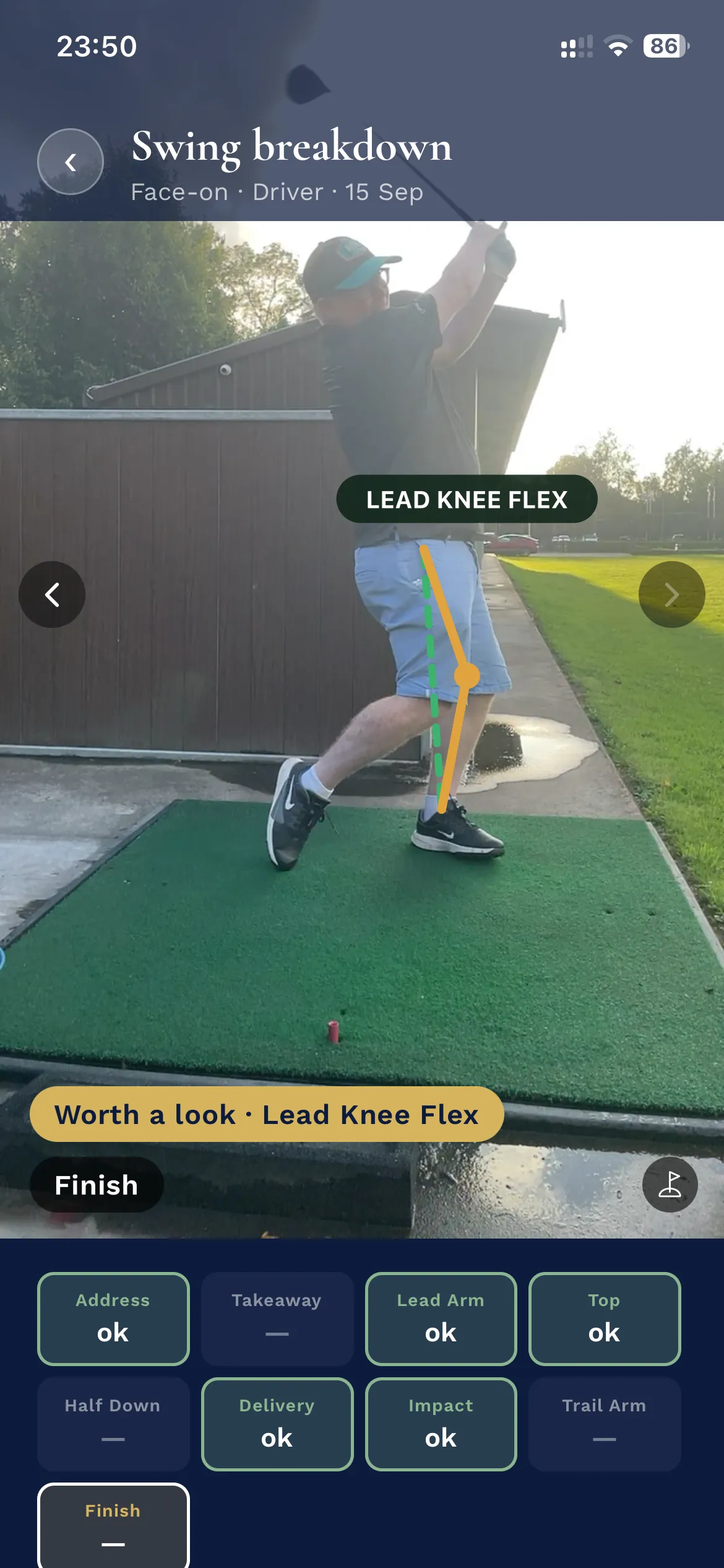 A captured swing with its spine angle measured against the recommended range