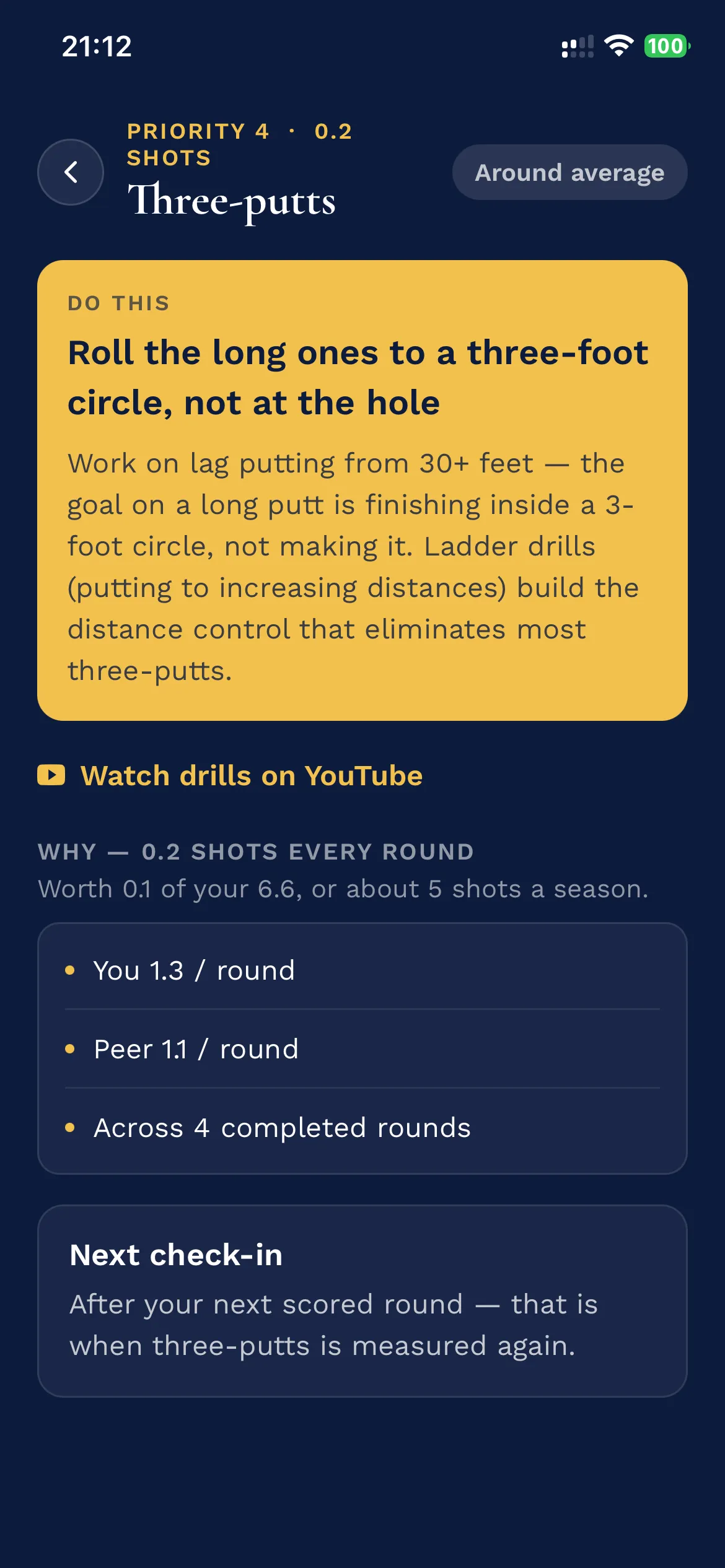 A three-putt drill with the lag-putting instruction, what it is worth per round, and the golfer's rate against their peer band